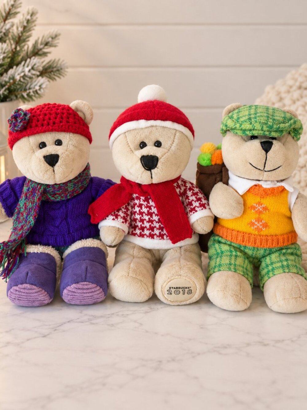 Lot of 3 Starbucks Bearista Bears Plush Stuffed Animals 2006 2018 Holiday Golfer